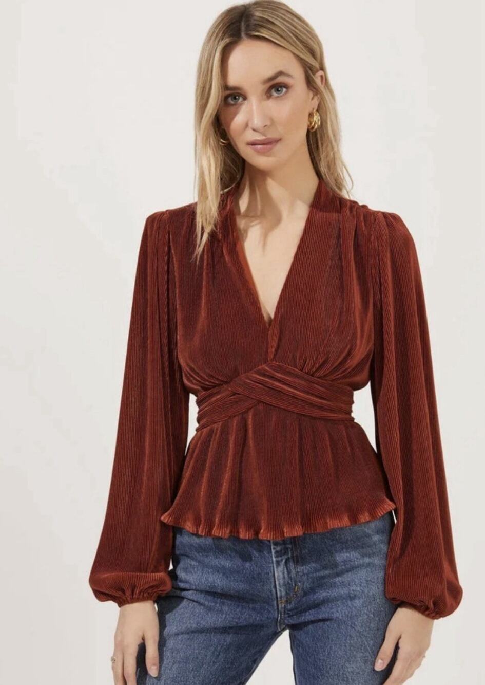NEW DR2 Blouse Top Luxury Minimalist Evening Feminine Romantic Plisse Twist Rust